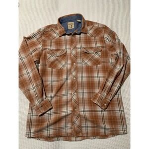 Red Head Plaid Flannel Long Sleeve Pearl Snap Button Up Shirt Mens Size L